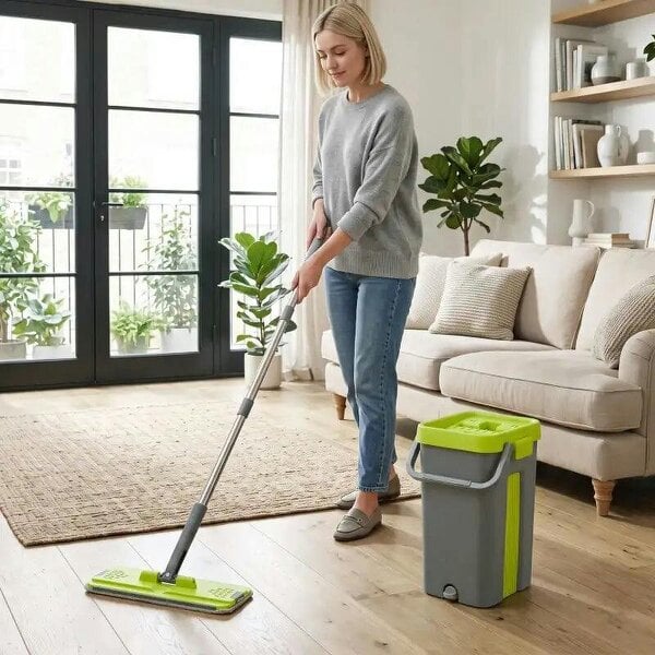 Bobobiy Mop and Bucket with Wringer Set, Flat Mop and Bucket with 2 Chambers, Rotating Head, Wet and Dry Use, Dark Grey