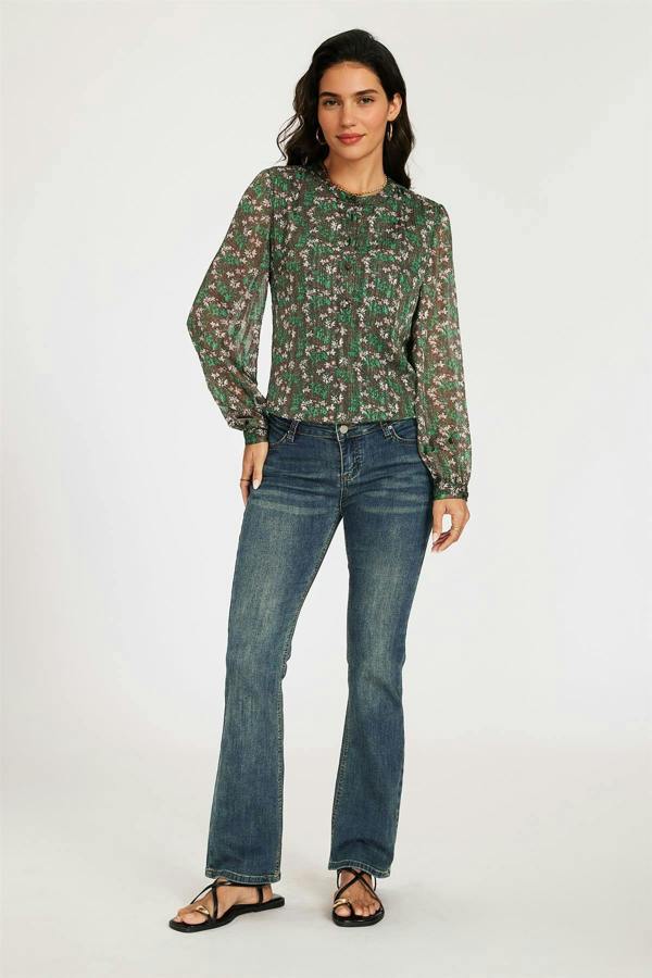 FS Collection Silver Thread Print Long Sleeve Sheer Blouse In Brown
