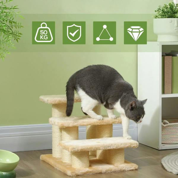 Beige 3-step pet stairs ladder with a black-and-white cat climbing the steps
