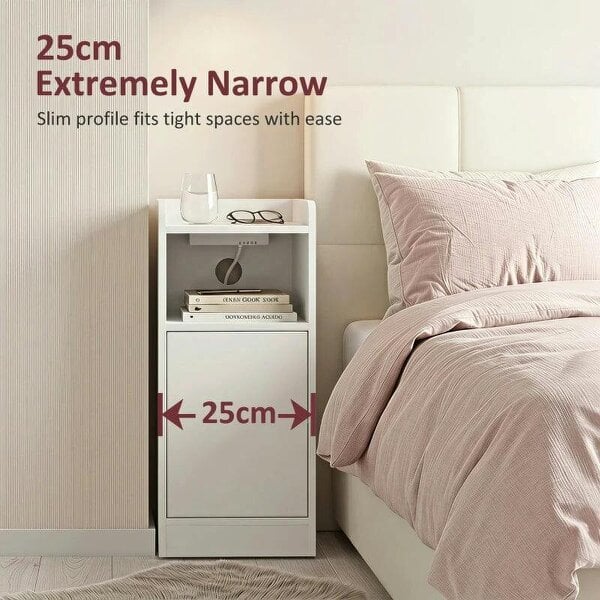 Slim Bedside Table Set of 2 with Charging Station, Narrow Bedside Cabinet with Adjustable Shelf, White