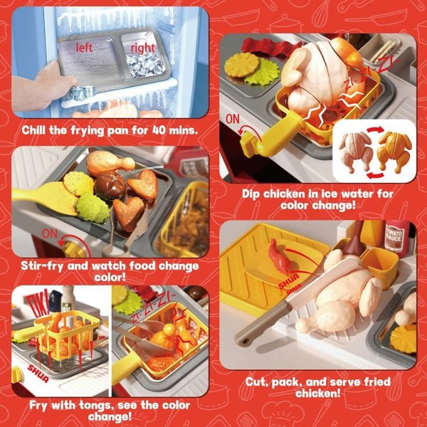 deAO Toys RED Kids Play Kitchen Fried Chicken Shop Pretend Cooking Food Truck with Lights & Sounds