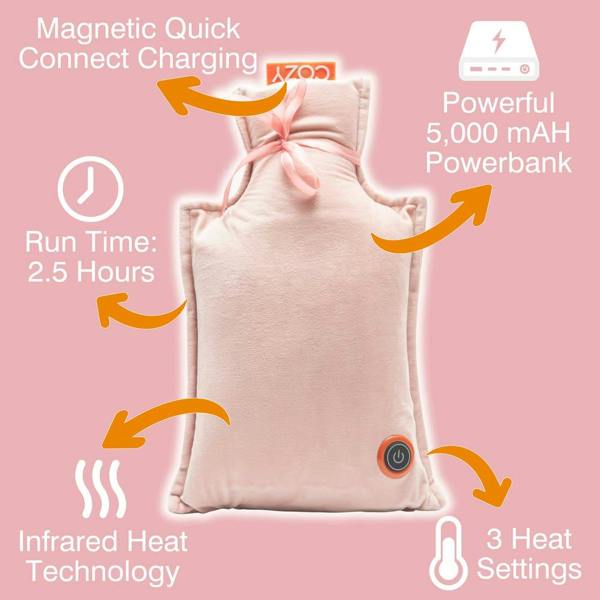 The Cozy UNA Rechargeable Hot Water Bottle in pink offers wireless warmth with magnetic quick connect charging, a 5000 mAh powerbank, 2.5-hour run time, infrared heat technology, three heat settings, and an easy power button.