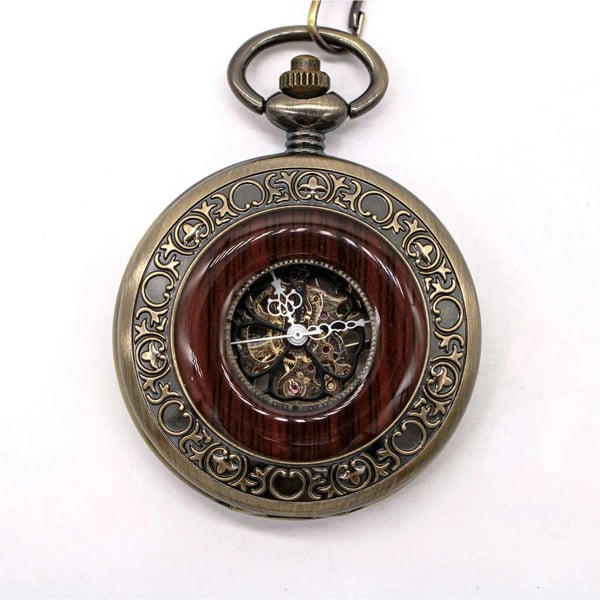 TruClothing Mechanical Skeleton Half Hunter Vintage Wooden Pocket Watch