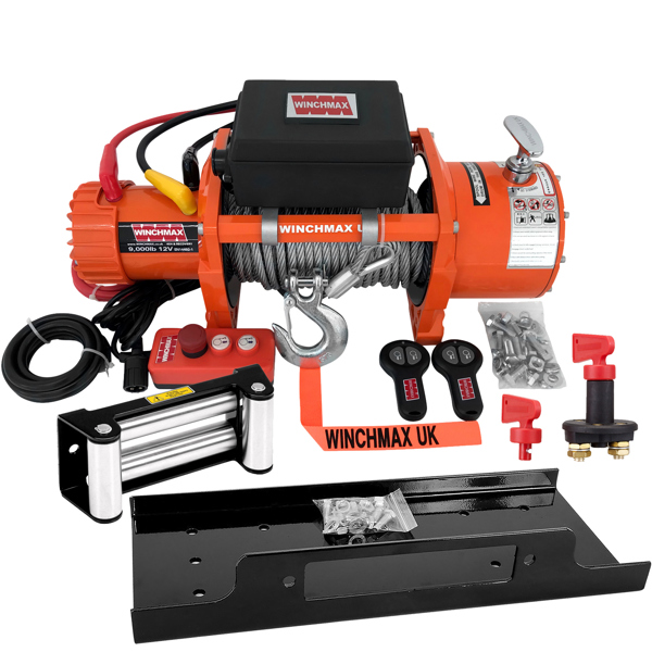 Winchmax 9,000lb (4,082kg) 12V Winch EN14492 Compliant 24m x 9mm Steel Rope Mounting Plate & Battery Isolator