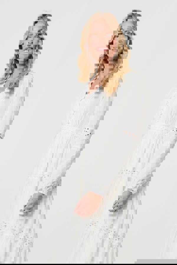 White | Lace Trim Long Sleeve Tiered Midi Dress
