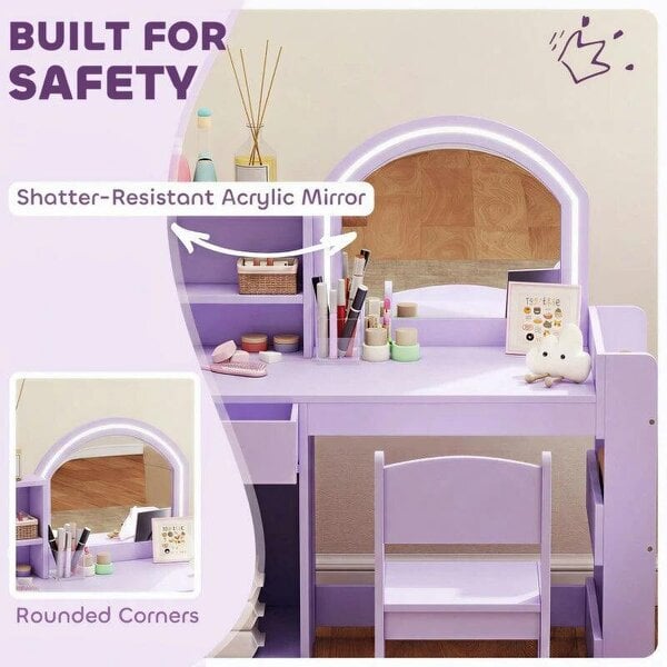 Kids Vanity Table and Chair Set, Kids Vanity Table with 2-Colour LED Mirror, Stool, Cabinet, Drawer, Shelves, Purple