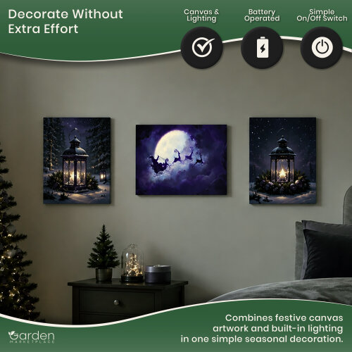 Christmas Santa Sleigh Canvas Print with LED Lights, 40 x 30cm, Stretched Wooden Frame, Battery Powered, Indoor Decoration
