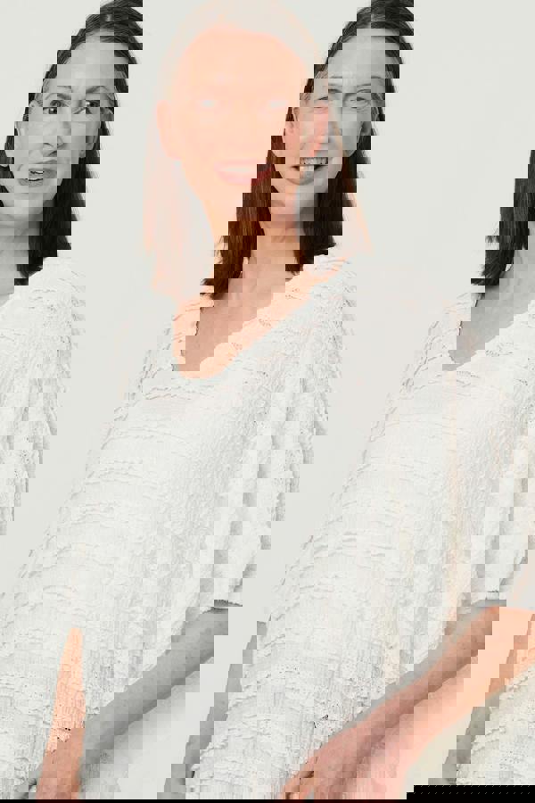 White | Textured 3/4 Batwing Sleeve Relaxed Top