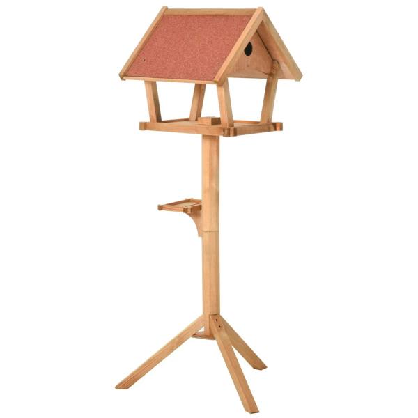 Wooden bird feeding station with front perch rail, sloped roof, and tall stand