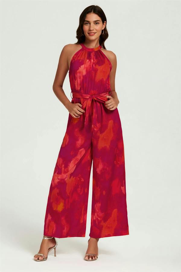 FS Collection Abstract Print Halter Neck Jumpsuit In Red