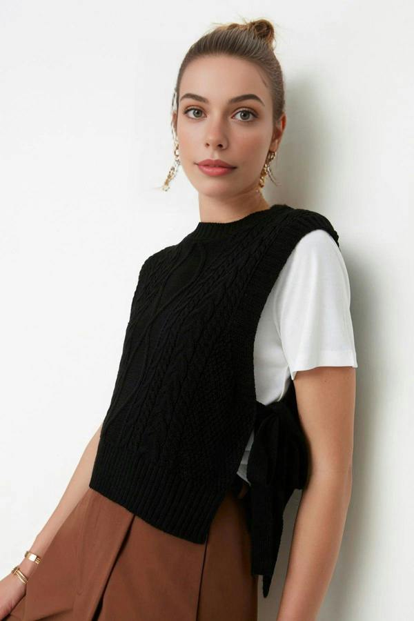WOVCOR Crop Knit Sweater with Side Ribbon Tie Detail