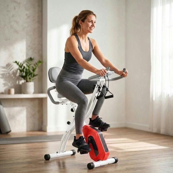 4-In-1 Folding Exercise Bike with Resistance Bands, Bluetooth App, 8-Level Magnetic Resistance, LCD Display, Orange