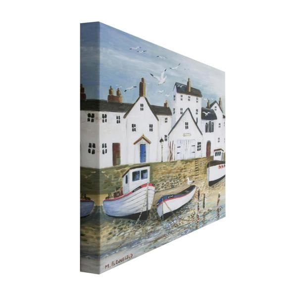 Art for the Home Harbourside Seascape Hand Painted Effect Printed Canvas | White