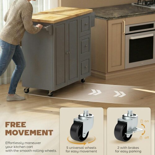 Wyld Haus Norado Grey and Natural Wooden Rolling Kitchen Island With Drop Leaf Drawer Towel And Spice Racks