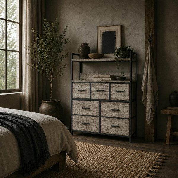 Wyld Haus Norale Fabric And Wood Grey Wood Effect 7 Drawer Rustic Storage Chest