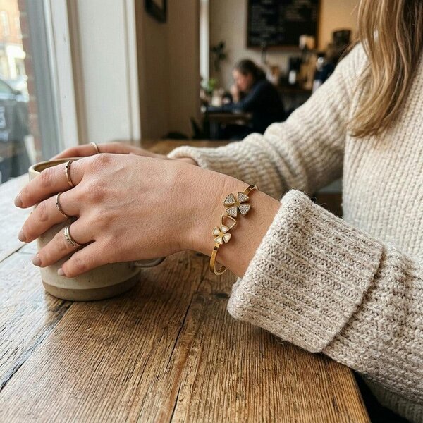 The Colourful Aura 18ct Gold Plated Clear Crystal White Double Flower Floral Open Cuff Bracelet