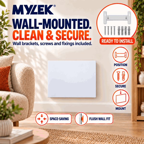 MYLEK Panel Space Heater White 2KW Eco, Smart and WiFi App Slimline Low Energy - Wall Mounted, Bathroom IPX4