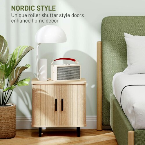 Wyld Haus Ritava Natural Oak Tambour Bedside Table 2 Sliding Doors Black Metal Legs