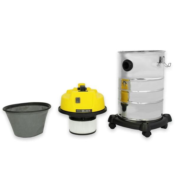 30L wet and dry vacuum with yellow motor unit, stainless steel tank, and gray filter bag, ideal for versatile cleaning tasks