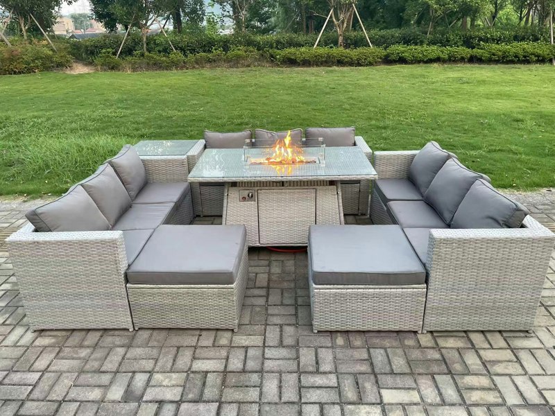 Fimous Rattan Outdoor Garden Dining Furniture Set with Gas Fire Pit Dining Table, 3 Sofas, 1 Side Table, 2 Footstools - 11 Seater - Light Grey