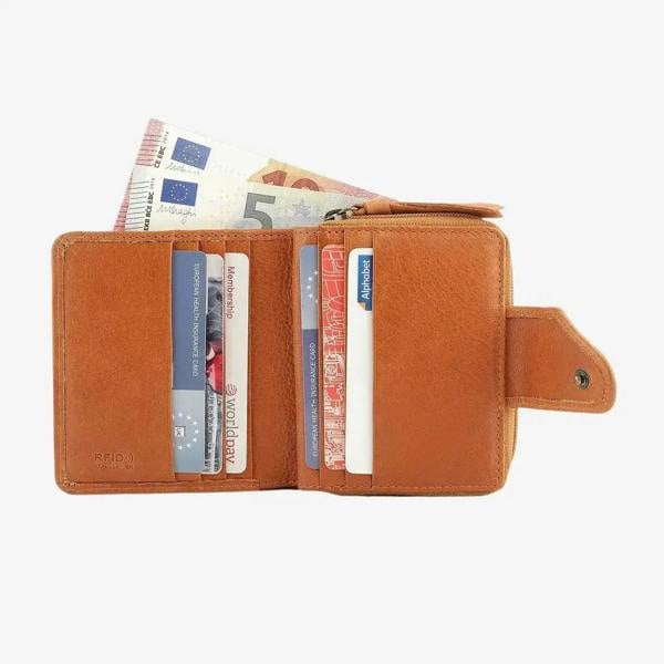 cognac leather wallet with cards and money on a white background