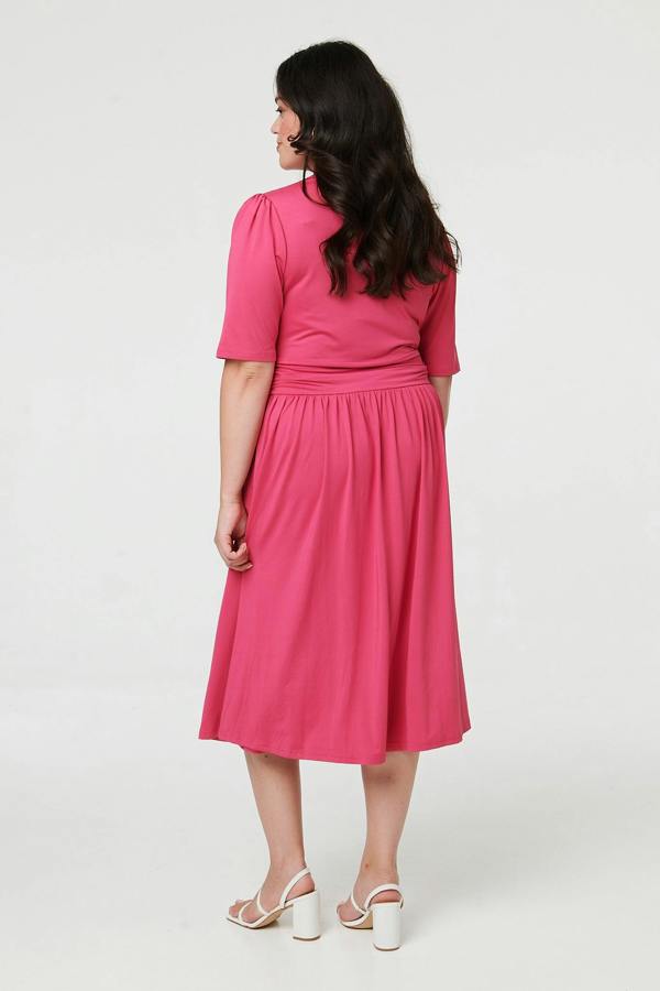 Fuschia | Curve Ruched Waist Faux Wrap Midi Dress