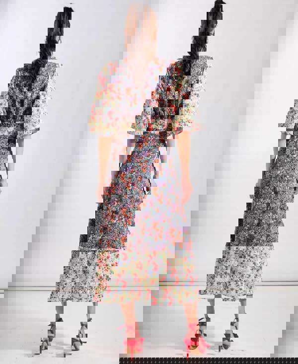 Contrast Floral Angel Sleeve Midi Dress