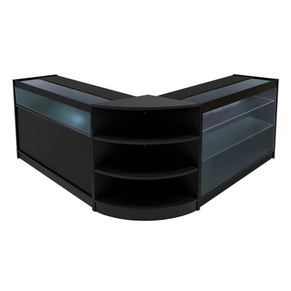 Black Calliope LED shop counter set featuring sleek glass displays, curved edges, and multiple shelves for organized merchandise展示