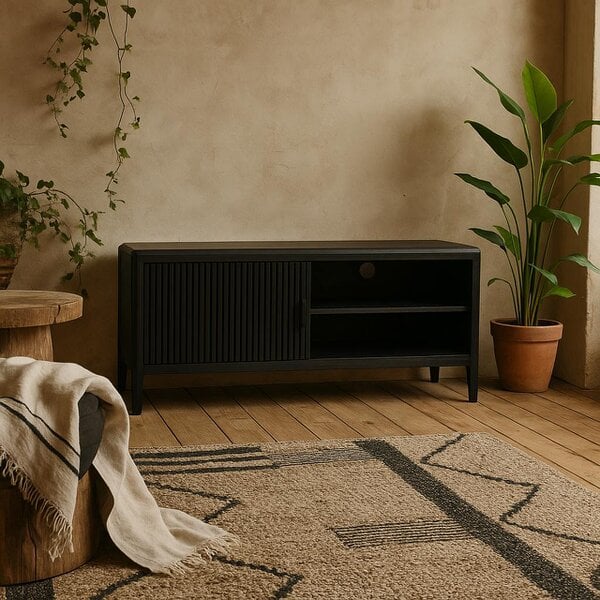 Wyld Haus Goiania Black Wood Ribbed 1 Door TV Unit with Open Shelves