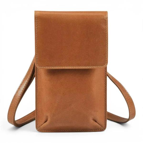 Wholesale tan leather phone bag made from premium real leather
with secure magnetic flap closure.