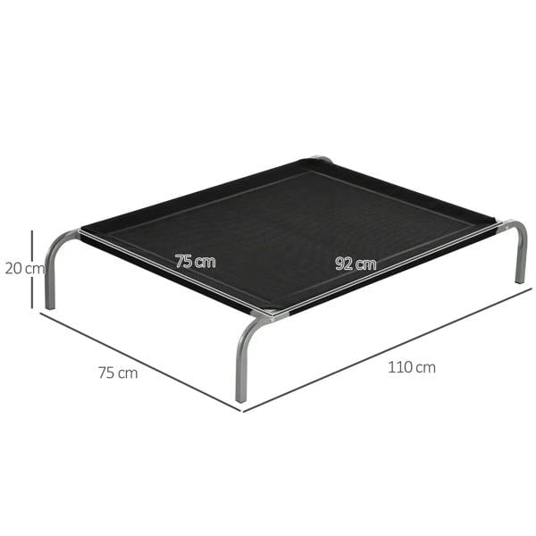 Black raised dog cot with breathable mesh and steel frame, angled view