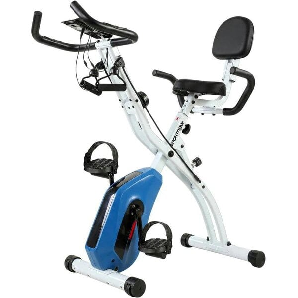 4-In-1 Folding Exercise Bike with Resistance Bands, Bluetooth App, 8-Level Magnetic Resistance, LCD Display, Blue