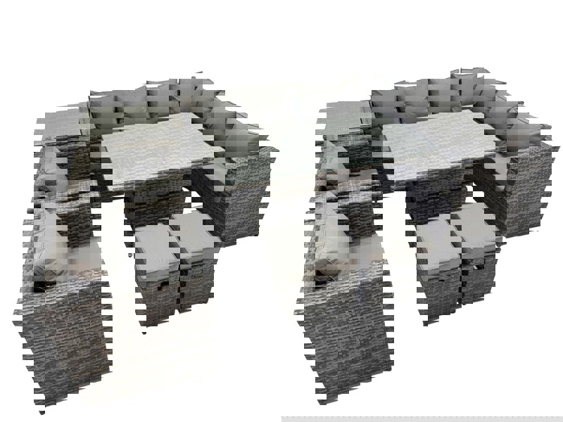 Fimous 10 Seater Rattan Height Adjustable Rising Lifting Table Corner Sofa Sets with 2 Chairs 2 Small Stools Side Table Dark Grey Mixed