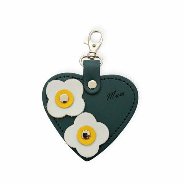 Zatchels Love heart bag charm - with 'Mum' engraving and flower appliques - Pine