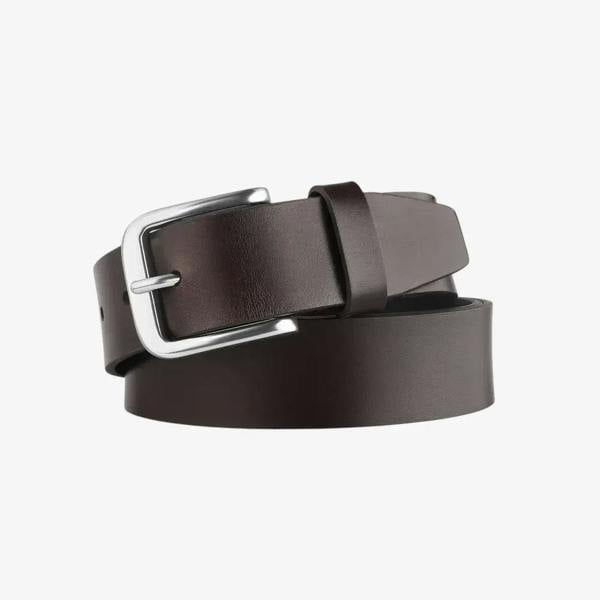 Brown leather belt with silver buckle on a white background