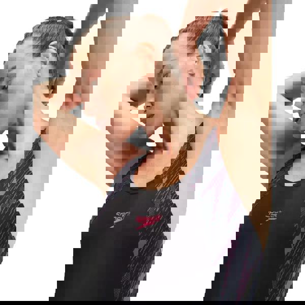 Black Speedo Hyperboom Splice Muscleback swimsuit with pink purple accents