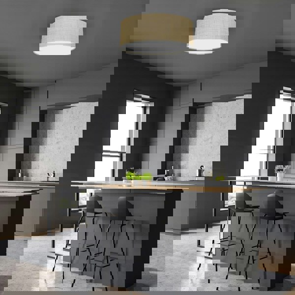 Milagro Marshall Hand Made Designer Ceiling Lamp In Matt White Metal And Natural Rattan Coloured Fabric