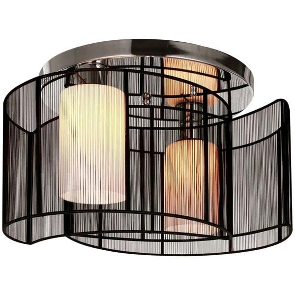 Black semi-flush chandelier with two cylinder shades in a wire cage on a chrome base.