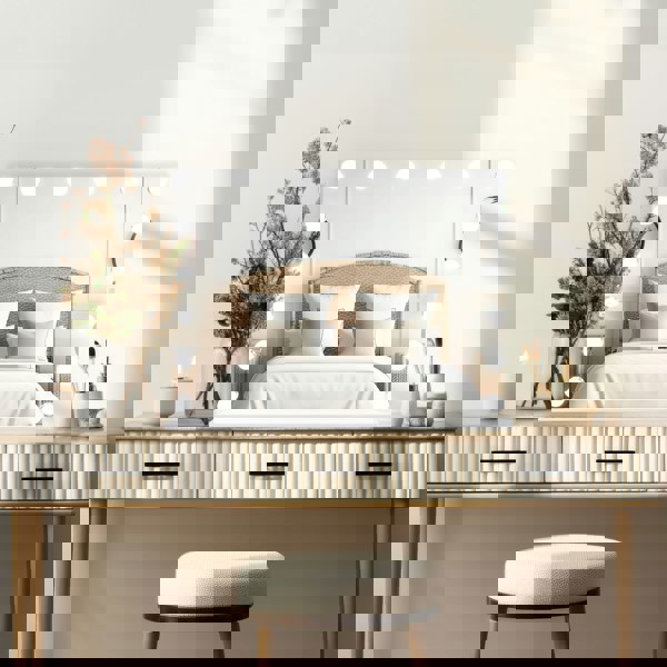 LED Bluetooth mirror, 80 x 60cm, with bright bulbs, sleek design, reflecting a cozy bedroom and stylish vanity setup