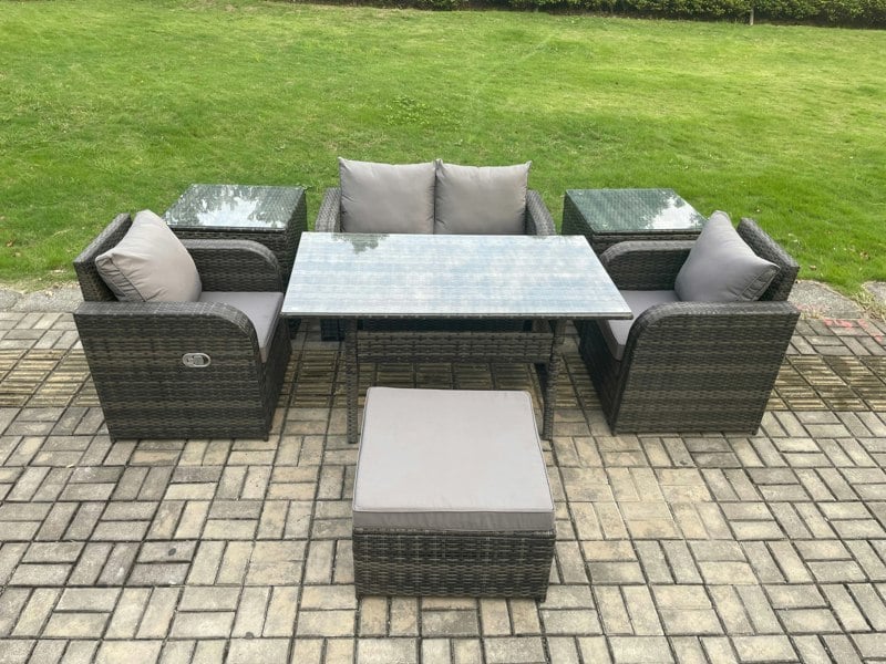 Fimous Outdoor Rattan Garden Furniture Lounge Sofa Set With Oblong Rectangular Dining Table 2 PC Reclining Chair 2 PC Side Table Big Footstool