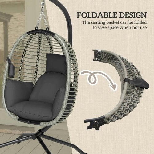 Bobobiy Outdoor Swing Chair with Thick Padded Cushion, Patio Hanging Egg Chair with Metal Stand, Foldable Basket, Rope Structure, Dark Grey