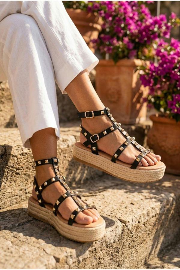 Wendy Studded Gladiator Flatform Espadrille Sandals - Black