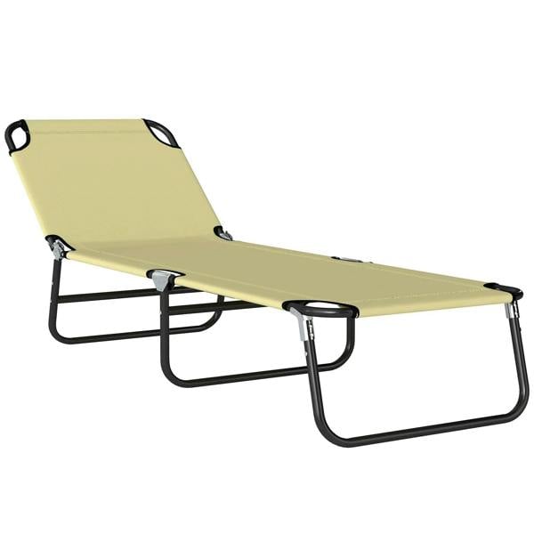 Beige foldable sun lounger chair with adjustable backrest and black steel frame