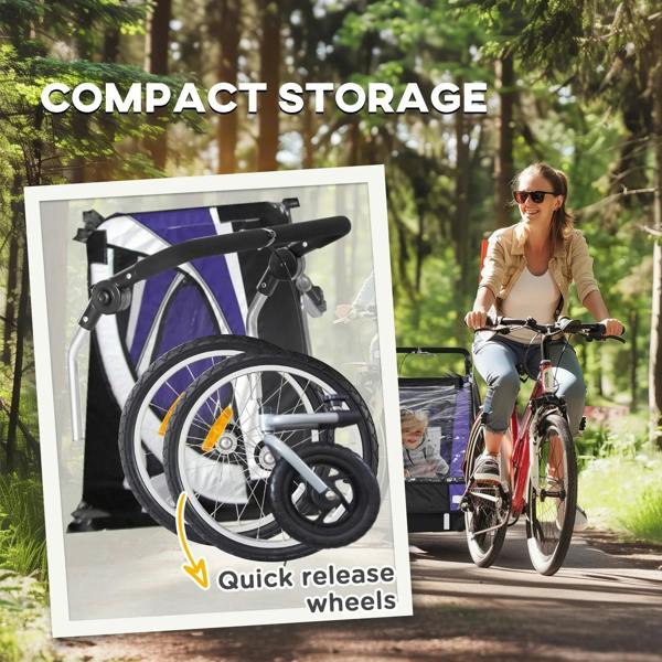 Purple bike trailer rear wheel with quick-release and safety flag