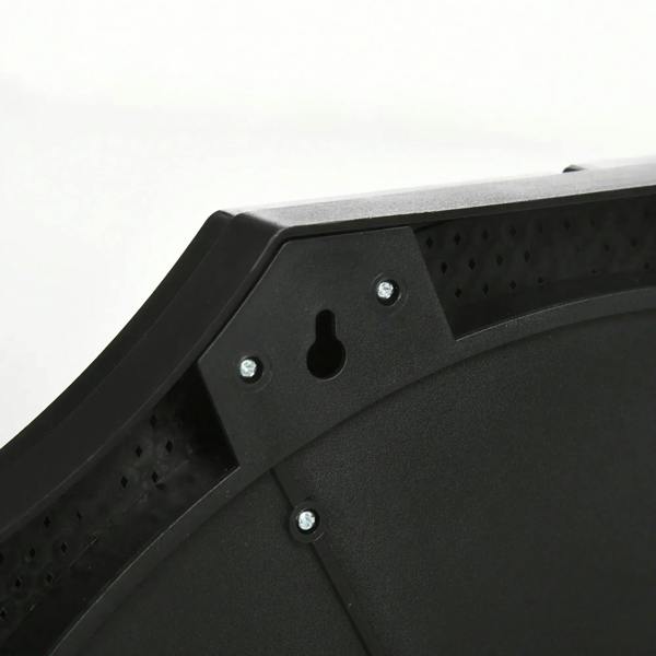 Black dartboard side panel with vent holes and metal screw fasteners