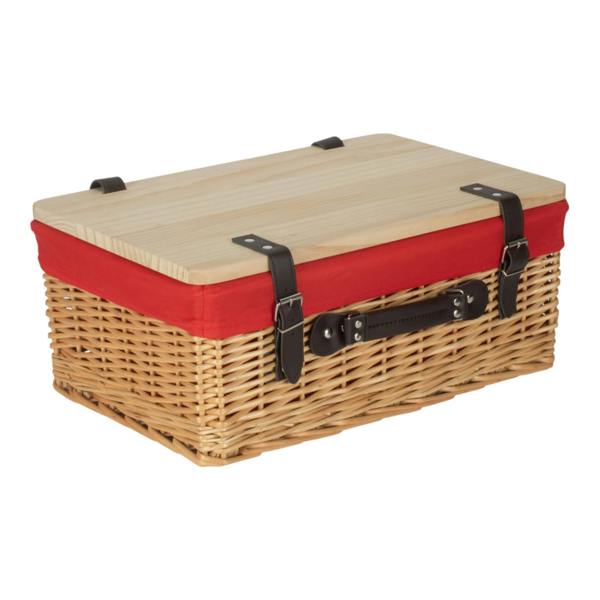 Buff Red Lined Willow Picnic Basket with Pinewood Lid