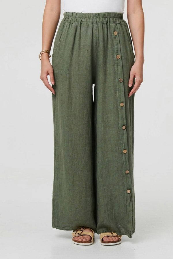 Khaki | Button Detail Wide High Waist Trousers
