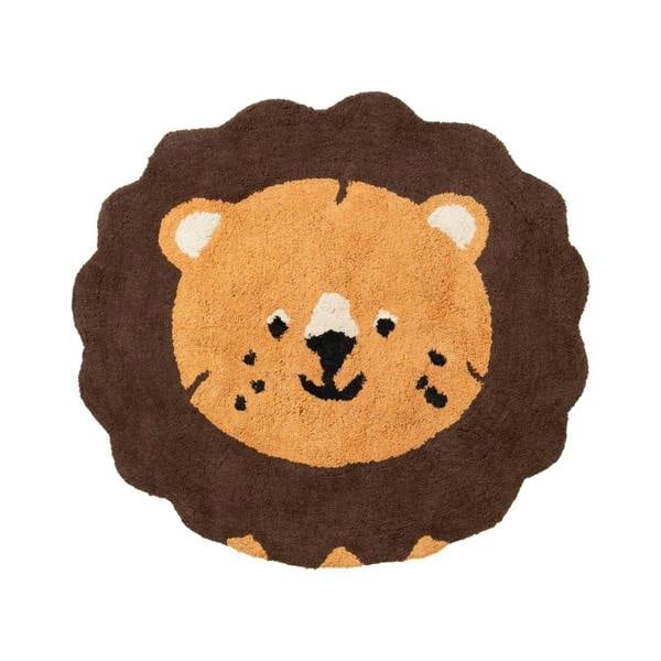 Round rug with a lion's face design on a white background