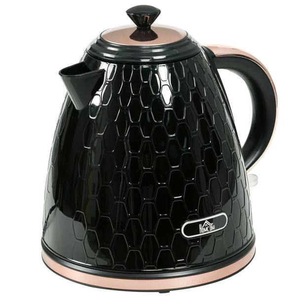 Black electric kettle with honeycomb embossed pattern and curved handle