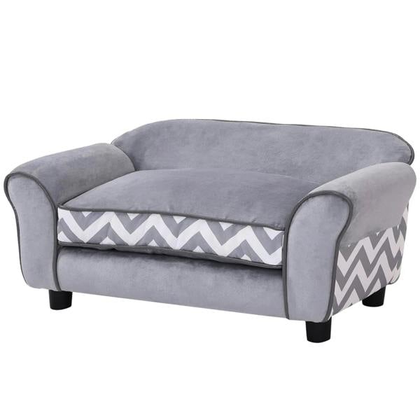 Grey pet sofa bed with cushioned arms and chevron-pattern front seat insert